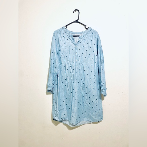 Old Navy Chambray Blue Polka Dots Shift Dress Size XL Tie Cuff Long Sleeve - Picture 2 of 7
